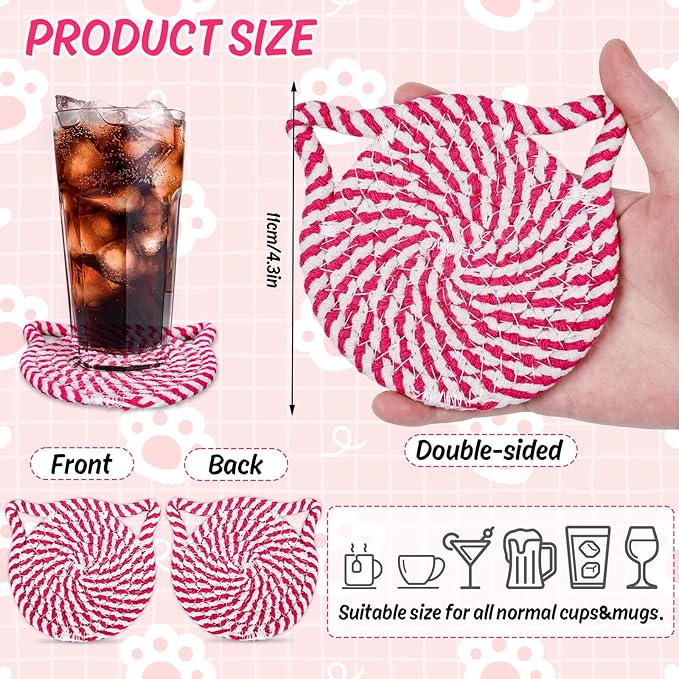 Whaline Cat Ears Coaster Set Hot Pink Handmade Braided Cotton Coasters Non-Slip Absorbent Drink Coasters with Holder for Graduation Birthday Housewarming Gifts Home Decor, 4Pcs