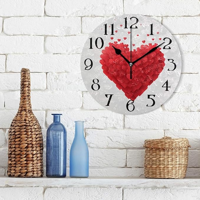 Styrofoam Heart Wall Clock 9.5 Inch Non-Ticking Silent Clocks Red Hearts Round Bathroom Clock Battery Operated Quartz Analog Decorative Desk Clock for Living Room