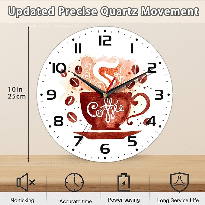 Watercolor Coffee Cup Wall Clock - Vintage Wooden Battery Operated Non-Ticking 10 Inch Silent Art for Living Room, Bedroom, Kitchen - Home Decor for Girls Kids