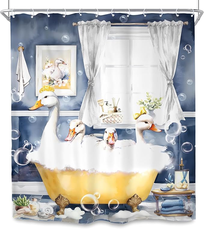SVBright Funny Kids Shower Curtain 60Wx72L Inch Cute Duck Farmhouse Animal in Bathtub Blue Cartoon Lovely Modern Hilarious 12 Pack Hooks Polyester Waterproof Fabric Bathroom Bathtub Panels