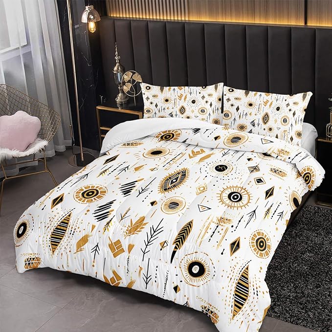 Boho Aztec Comforter Set Full Yellow Geometry Bedding Sets 3PCS for Kids Teen Adult Room Decor Ultra-Soft Lightweight Microfiber 1 Comforter with 2 Pillowcases