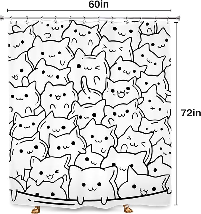 SVBright Cat Shower Curtain 60Wx72L Inch Kids Funny Black White Animal Cute Silhouette Kitty Kitten Simple Line Humor Girls Boys 12 Pack Hooks Polyester Waterproof Fabric Bathroom Bathtub Panels
