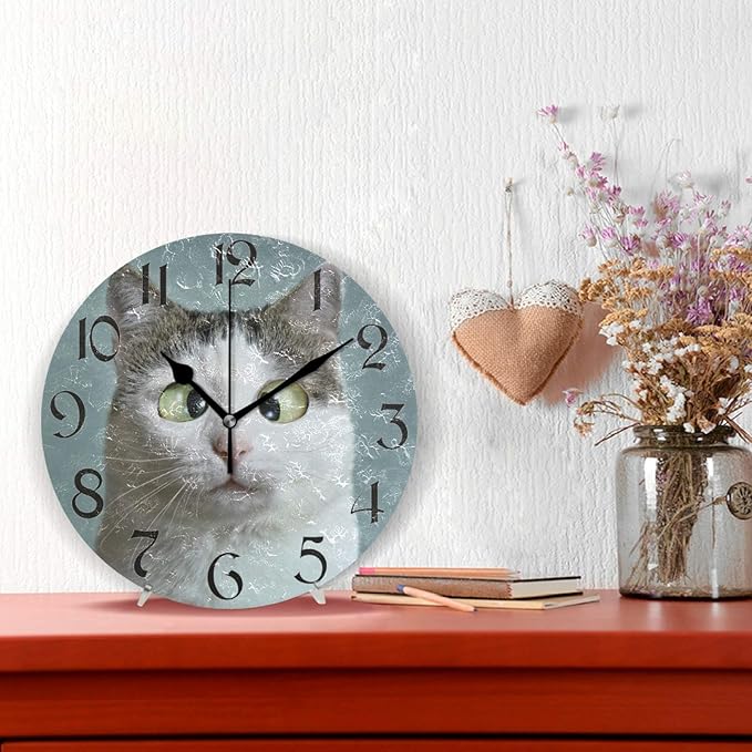 STARGRASS Funny Cat Wall Clocks Battery Operated 10 inch Silent Non-Ticking Quiet Desk Clock Decor for Living Room Home Office School Kitchen (Small,Round)