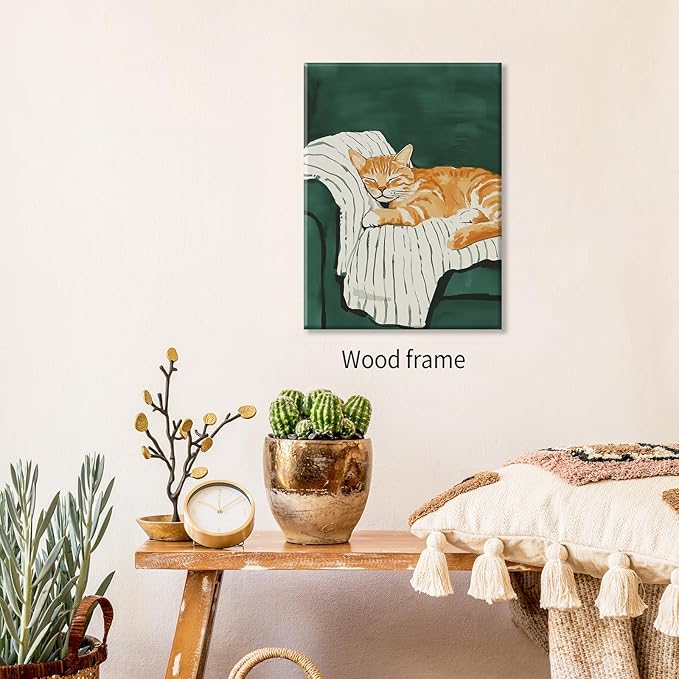 Sleeping Orange Cat poster Green Aesthetic Wall Art Preppy Funky Cute Animal Canvas Painting Gift For Cat Lover 12x16 inch Framed for Cozy Room Wall Decor