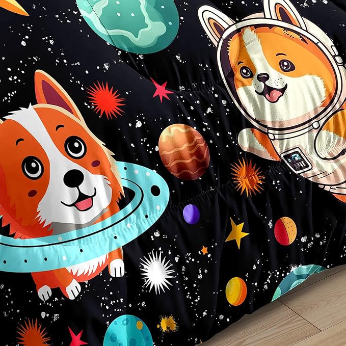 Space Dog Comforter Set - Cute Dog Twin Bedding Set for Kids Girls Boys Cartoon Dog Astronaut Prints Comforter Set Funny Outer Space Dog Bedding Sets for Kids Room Decor, 1 Comforter+1 Pillowcase