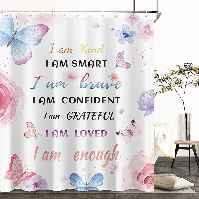 Watercolor Butterfly Inspirational Quote Shower Curtain Sets for Bathroom 60Wx72H Colorful Flower Floral Butterfly Shower Curtain Girls Bathtub Curtain Motivational Positive Bathroom Decor