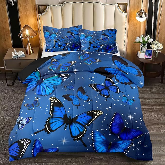 Blue Butterfly Bedding Set for Girls - Queen Size Quilt Set with Sparkle Stars Prints, 1 Comforter + 2 Pillowcases