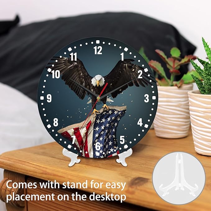 SPUNKER America Flag Eagle Wall Clocks,USA Bald Eagle Wall Clock Battery Operated 10 Inch,Round Clock Silent Non-Ticking Wall Decor for Farmhouse Office Home School Living Room Bedroom