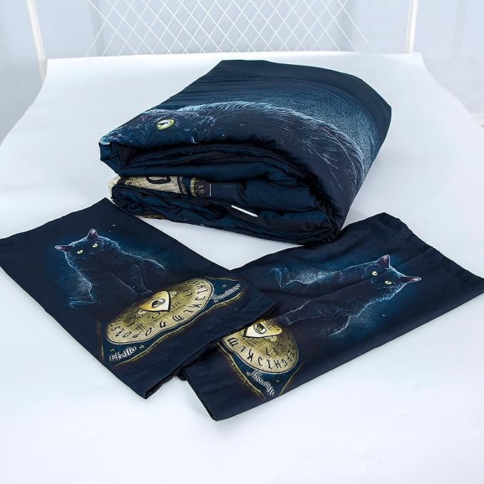 Black Cat Comforter Set, 3D Cartoon Animal Print Bedding for Kids, Queen Size Quilt With 2 Pillow Cases, Bedroom Decor