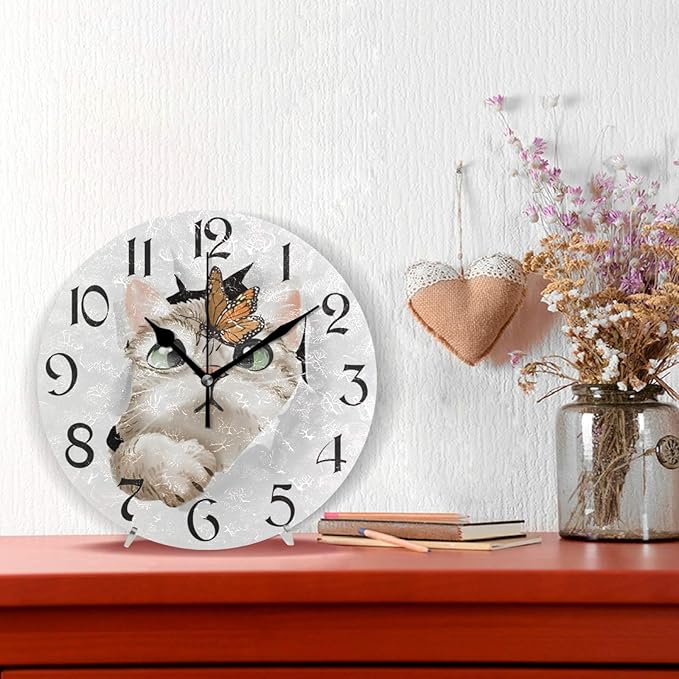 stargrass Cute Cat Butterfly Wall Clocks Battery Operated 10 inch Silent Non-Ticking Quiet Desk Clock Decor for Living Room Home Office School Kitchen (Small,Round)