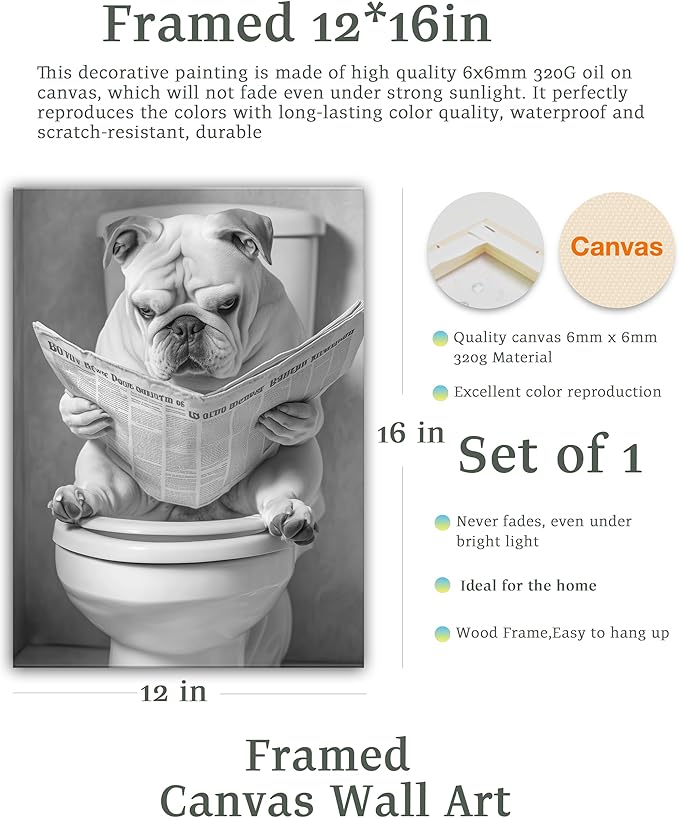 UPWOIGH Bathroom Wall Art, Black and White French Bulldog Dog Reading the Newspaper Wall Docer, Wood Framed Canvas Wall Art Animals Abstract Prints, 12"x16" High-end Pictures for Dormitory Kids Room