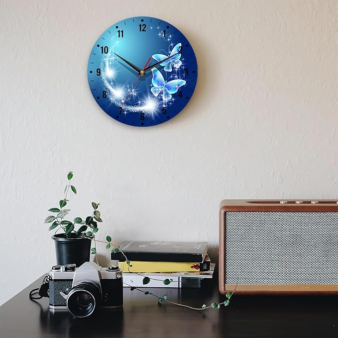 SPUNKER Wall Clock,Blue Glowing Butterflies Kitchen Wall Clock,Stars Clocks 10 Inch Silent Non-Ticking Wall Battery Operated for Living Room Bedroom Bathroom Laundry Room Decor