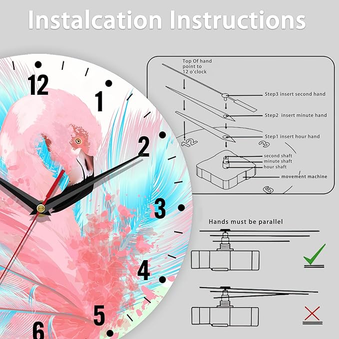 SPUNKER Wall Clocks,Pink Flamingo 10 Inch Wall Clock,Abstract Blue Feathers Small Battery Operated Wall Clocks Decorative for Kitchen/Living Room/Bedroom/Bathroom/Dining Room