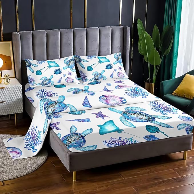 Blue Sea Turtle Sheet 4Pcs Twin Ocean Coral Starfish Shell Fish Bedding Set for Kid Teen Girl Boy Adult Bed Decor Conch Manta Ray Bedspread with 1 Flat Sheet and 1 Fitted Sheet+2 Pillowcases
