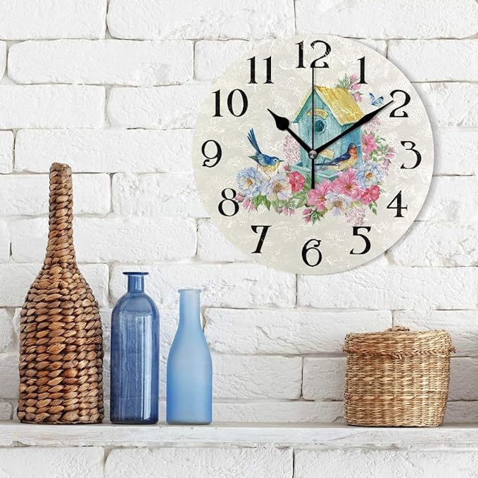 Butterfly Bird Wall Clock with Birds - Battery Operated 9.5 in Round Quartz Analog Clock for Bathroom, Kitchen, Garden