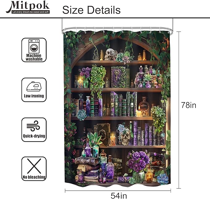 Small Stall Gothic Skull Shower Curtain 54Wx78H RV Spooky Wizard Vintage Withcy Black Bookshelf Succulent Unique Cool Bathroom Decor Mysterious Bath Curtain Fabric Polyester 12 Pack Hooks