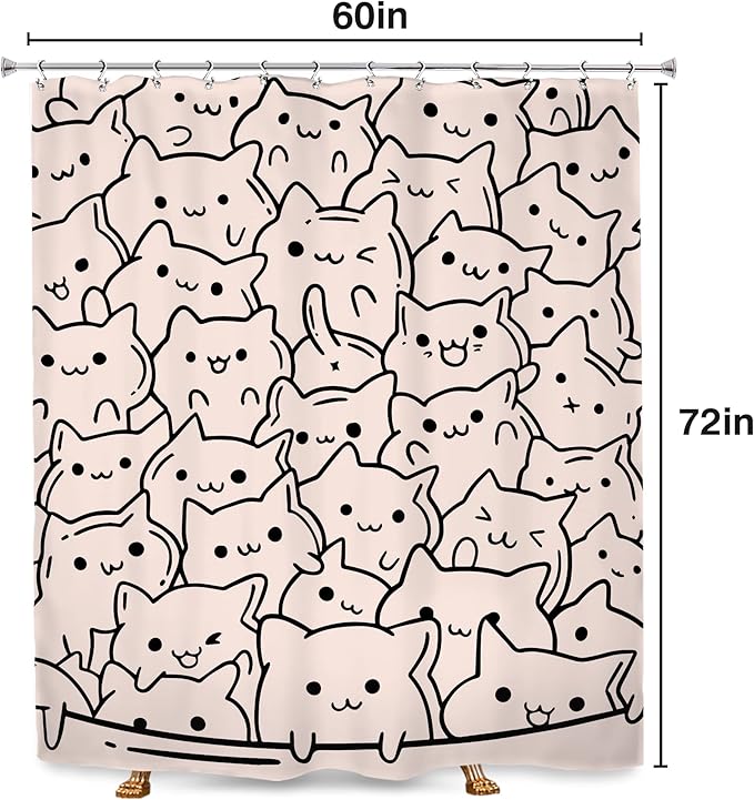 SVBright Funny Cats Shower Curtain 60Wx72L Inch Cute Pink Cartoon Kitty Kitten Animal Simple Line Humor for Kids Girls Lovely 12 Pack Hooks Polyester Waterproof Fabric Bathroom Bathtub Panels