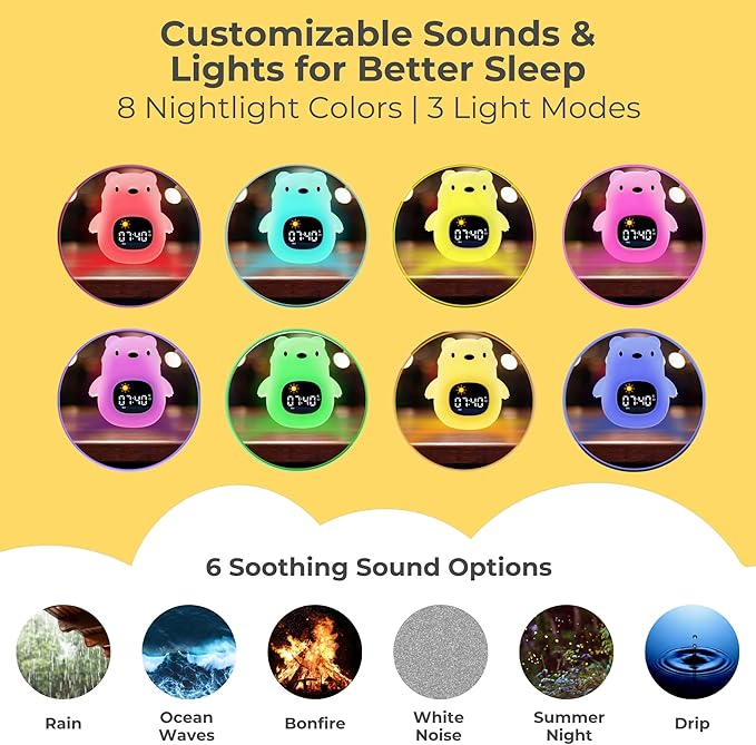 Bumble & Bright Bear Kids Alarm Clock with Night Lamp & Sound Machine | 8 Soothing Colors & 6 Relaxing Sounds | USB Powered | Adorable Alarm Clock for Kids, Girls & Boys