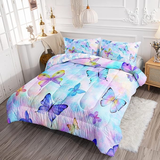 BSNTHO Butterfly Comforter Set Reversible Design Blue Tie Dye Bedding Set Twin Size Rainbow Watercolor Comforter 3 Pieces Super Soft Lightweight