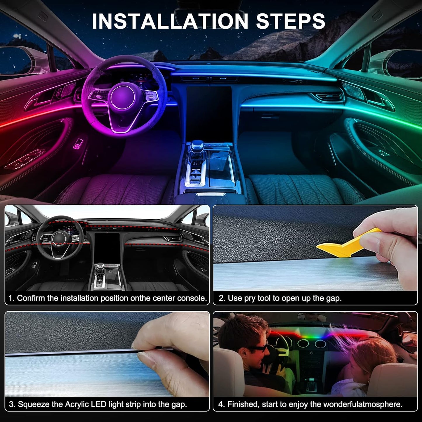 Dreamcolor Acrylic Interior Car LED Strip Light with USB/Type C, 47.24 inches Fiber Optic Ambient Lighting Kits, 16 Million Colors Sound Active Function