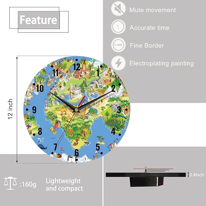 SPUNKER Wall Clock,Animals World Map Kitchen Wall Clock,Cute Landmarks Clocks 10 Inch Silent Non-Ticking Wall Battery Operated for Living Room Bedroom Bathroom Laundry Room Decor