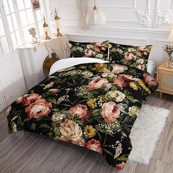 Black Floral Comforter Set King Colorful Floral Bedding Sets 3PCS for Kids Teen Adult Flowers Leaves Room Decor Ultra-Soft Lightweight Microfiber 1 Comforter with 2 Pillowcases