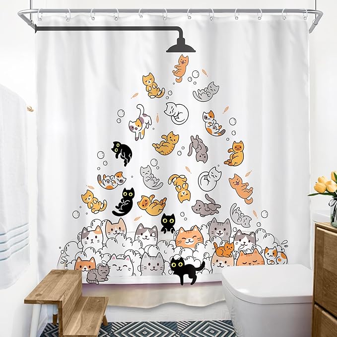 SVBright Extra Long Cat Shower Curtain 72Wx84L Inch for Kids Cute Cartoon Animal Funny Raining Colorful Hilarious Playing Water Lovely 12 Pack Hooks Polyester Waterproof Fabric Bathroom Bathtub Panels