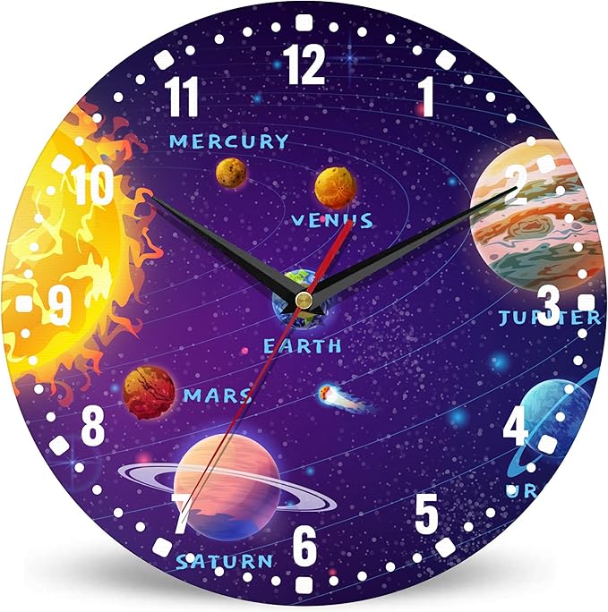 SPUNKER Wall Clock,Solar System 10 Inch Wall Clock,Planets Sun Earth Small Battery Operated Wall Clocks Decorative for Kitchen/Living Room/Bedroom/Bathroom/Dining Room