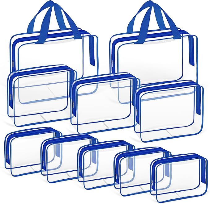 TISRATOK 10 PCS Clear Travel Makeup Toiletry Bag, Plastic PVC Cosmetic TSA Approved Organizer Kit with Zipper Handbag(Blue)