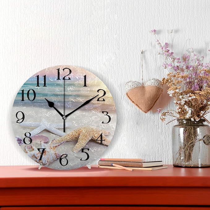 Starfish Sea Wall Clock 9.5 Inch Non Ticking Silent Clocks 3D Summer Beach Round Bathroom Clock Battery Operated Quartz Analog Decorative Desk Clock for Living Room