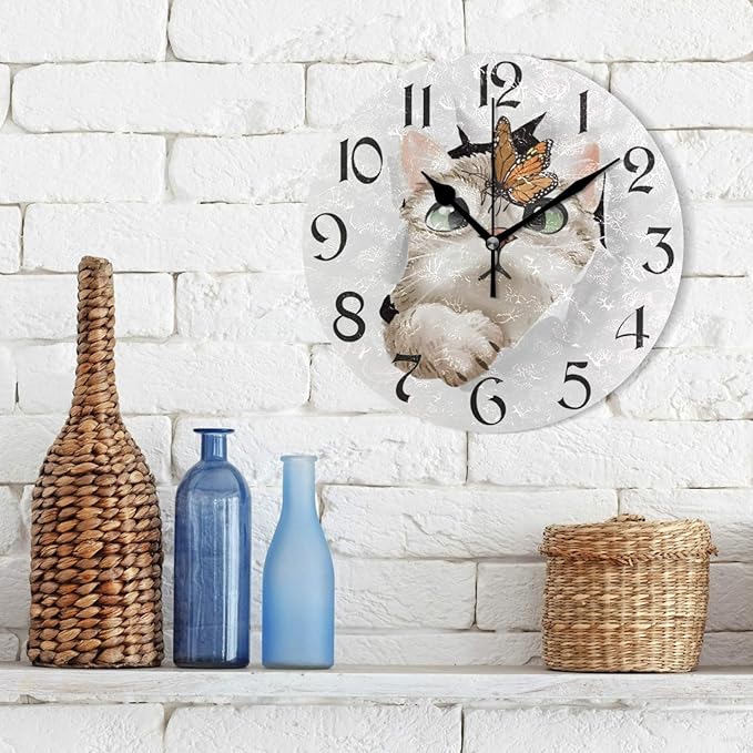 stargrass Cute Cat Butterfly Wall Clocks Battery Operated 10 inch Silent Non-Ticking Quiet Desk Clock Decor for Living Room Home Office School Kitchen (Small,Round)