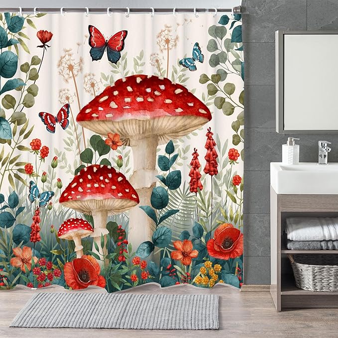 Boho Mushroom Shower Curtain, Floral Woodland Farmhouse Cottagecore Aesthetic Sage Green Eucalyptus Shower Curtain Set, Fairy Witchy Plant Botanical Flower Fabric Bathroom Curatin with Hooks 72X72