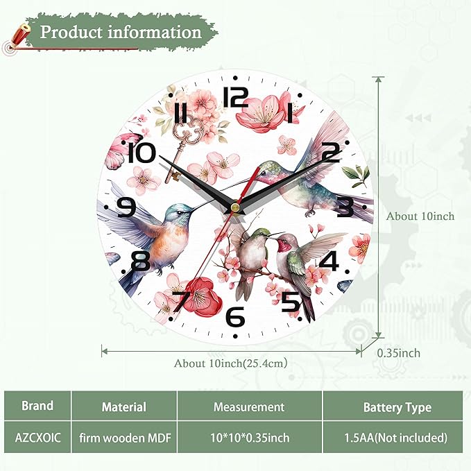 Birds Wall Clocks Battery Operated,Watercolor Humming Birds Clock for Living Room,Decorative Wall Clock for Living Room, Bedroom, Bathroom and Kitchen,10 Inch