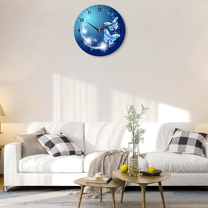 SPUNKER Wall Clock,Blue Glowing Butterflies Kitchen Wall Clock,Stars Clocks 10 Inch Silent Non-Ticking Wall Battery Operated for Living Room Bedroom Bathroom Laundry Room Decor