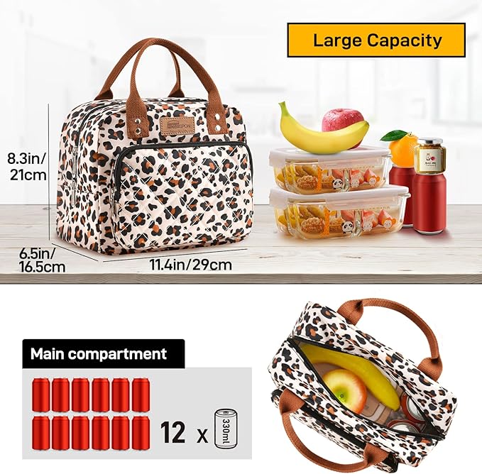 Buringer HOMESPON Lunch Bag for Woman Man Adults with Front Pocket Insulated Lunch Tote Lunch Box Container for Work Picnic or Travel(Leopard)