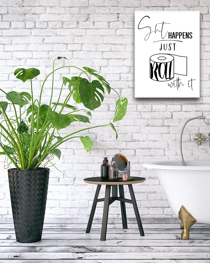UPWOIGH Funny Bathroom Wall Art Decor, Black and White Toilet Paper Wall Art, Waterproof Wood Framed Canvas Wall Art, Downstairs Toilet Humor Abstract Prints, 12x16in Pictures 1 Pack