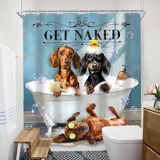SVBright Funny Dog Shower Curtain 72Wx72L Inch Kids Dachshund Cute Animal Puppy Bathing in Bathtub Bubbles Hilarious Lovely Pet Boy 12 Pack Hooks Polyester Waterproof Fabric Bathroom Bathtub Panels