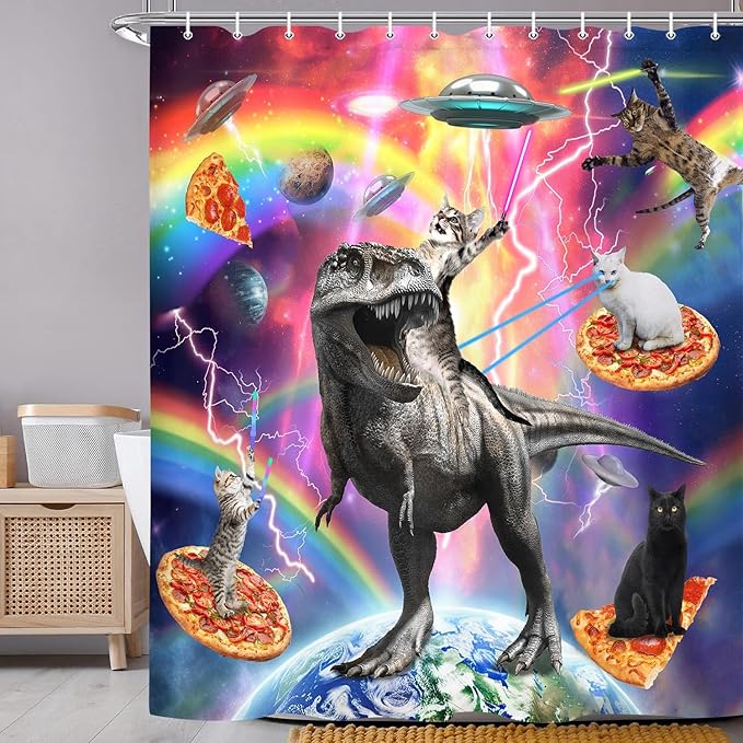 Torich Funny Cat Shower Curtain for Bathroom, Kids Cool Cat Riding Cute Dinosaur on Outer Space Universe Fantasy Galaxy Hilarious Shower Curtain Set, Anime Fabric Bathtub Decor Hooks, 72X84IN