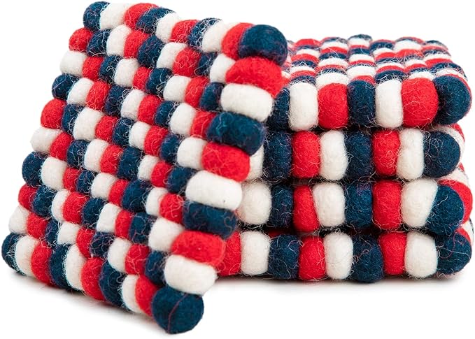 Square Felt Ball Coasters - 100% Merino Wool Table Coasters - Felt Coaster Pads, Absorbent Trivet for Drinks - Heat Resistant, Thick & Durable Hand Felted in Nepal by Woolygon- Multicolor - Set of 5