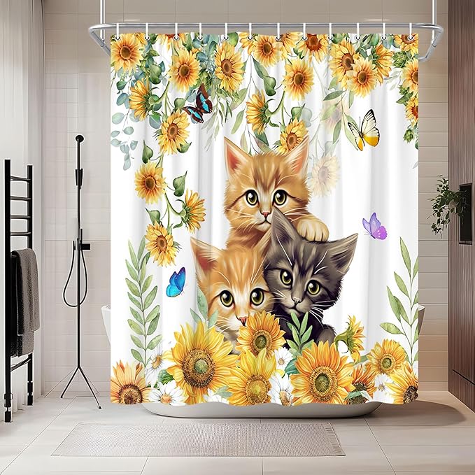 Sunflower Cat Shower Curtain Rustic Vintage Floral Farmhouse Kitty Pet Lover Kitten Flower Cats Flowers Butterfly Shower Curtains Set for Bathroom Polyester Fabric with Hooks (59" W x 71" L)