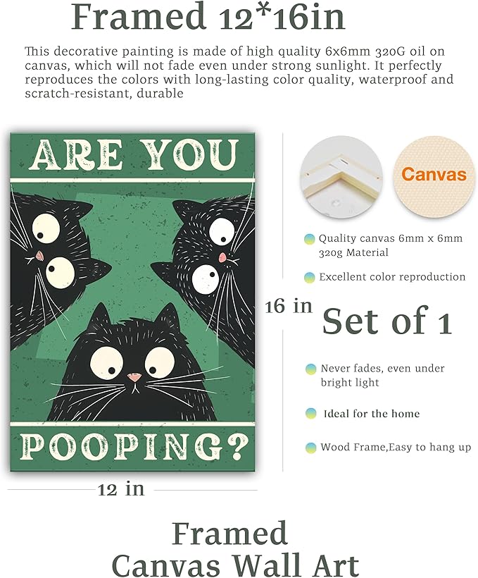 UPWOIGH Bathroom Wall Art Decor, Black Cat Are You Pooping Funny Wall Art, Waterproof Wood Framed Canvas Wall Art Animals Abstract Prints, 12"x16"High-end Pictures for Dormitory Kids Room 1 Pack