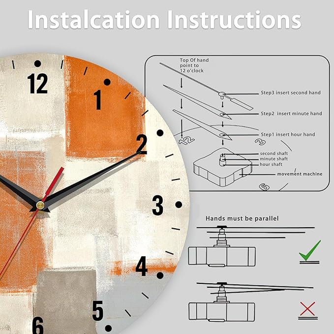 SPUNKER Clocks for Living Room,Orange Modern Art Wall Clock Battery Operated 10 Inch,Abstract Painting Round Clock Silent Non-Ticking Wall Decor for Farmhouse Office Home School Living Room Bedroom