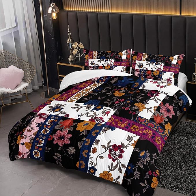 Boho Floral Comforter Set Queen Size Checkered Flower Bedding Sets 3PCS for Kids Teen Adult Retro Flowers Room Decor Ultra-Soft Lightweight Microfiber 1 Comforter with 2 Pillowcases