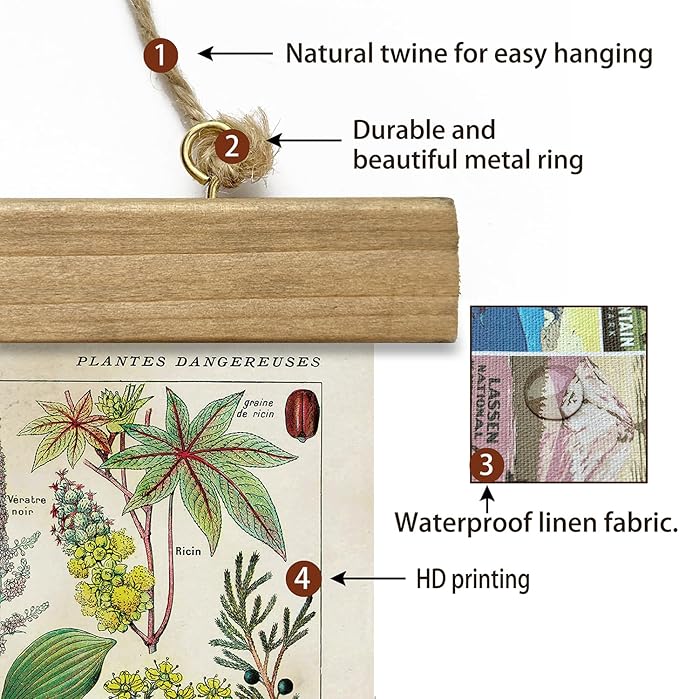 XIAOAIKA 2 Pack Vintage Plant Posters: Medicinal and Poisonous Plants - Retro Style Wall Art with Wooden Frames for Home Classroom, or Apothecary Decor 16 x 23 inches