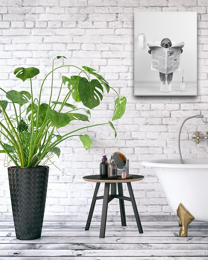 UPWOIGH Bathroom Wall Art,12x16in Black and White Sloth Wood Wall Decor,Animal Reading Newapapers Abstract prints for Bedroom Classroom 1 Pack Gift