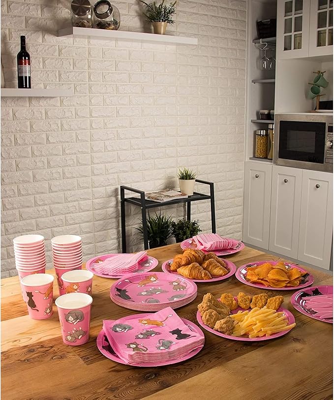 Sustainable Greetings Cat Birthday Party Supplies, Paper Plates, Napkins, Cups and Plastic Cutlery (Serves 24, 144 Pieces) - Cat Birthday Decorations - Kitten Party Decorations