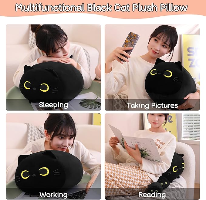 SQEQE Black Cat Plush, Cat Stuffed Animals Plushie with 4 Cute Babies Cat Plushies in Her Tummy, Soft Plushie Pillow Gifts for Kids