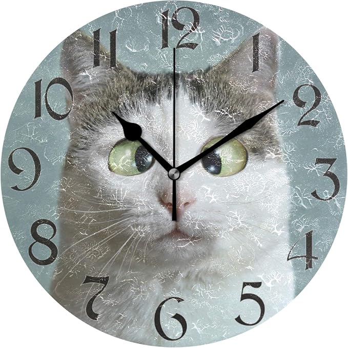 STARGRASS Funny Cat Wall Clocks Battery Operated 10 inch Silent Non-Ticking Quiet Desk Clock Decor for Living Room Home Office School Kitchen (Small,Round)