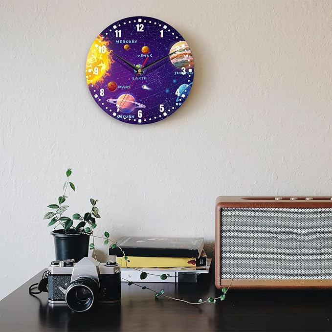 SPUNKER Wall Clock,Solar System 10 Inch Wall Clock,Planets Sun Earth Small Battery Operated Wall Clocks Decorative for Kitchen/Living Room/Bedroom/Bathroom/Dining Room