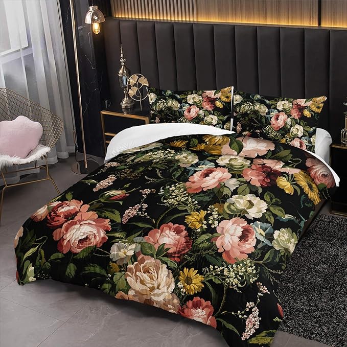 Black Floral Comforter Set Queen Colorful Floral Bedding Sets 3PCS for Kids Teen Adult Flowers Leaves Room Decor Ultra-Soft Lightweight Microfiber 1 Comforter with 2 Pillowcases